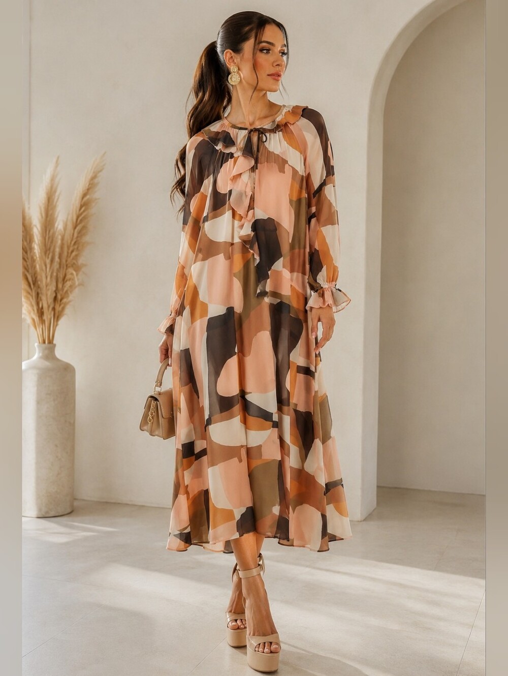 Mango Abstract Maxi Dress in Peach, Brown and Cream. Size M.